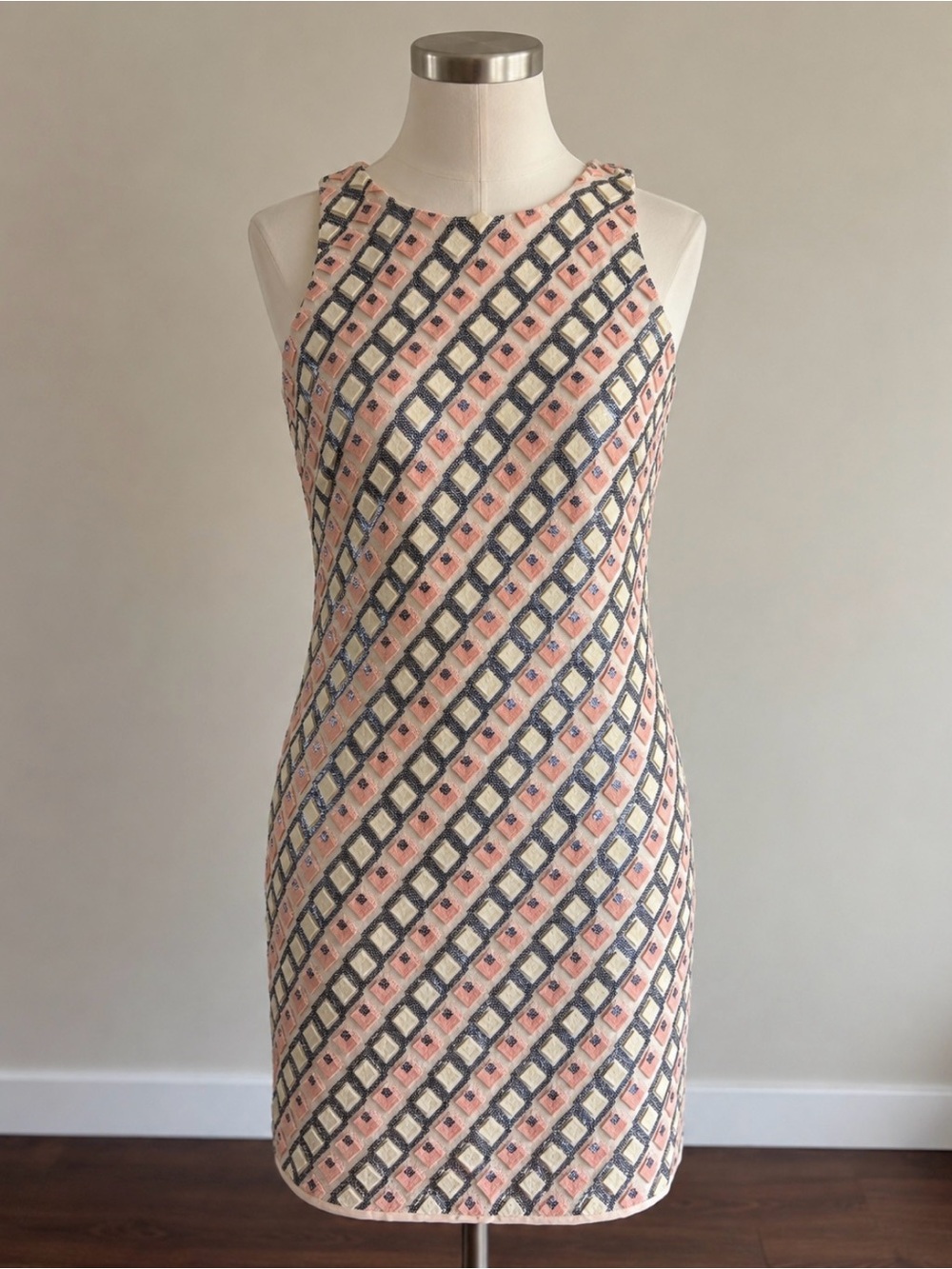 Lavender Brown Sequin Embellished Shift Dress Pink Cream Geometric Size S NWT